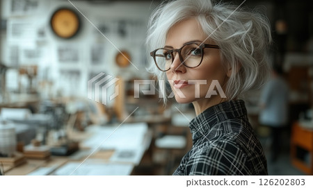 Stylish architect with short hair gazes thoughtfully in a modern workspace filled with blueprints and models 126202803