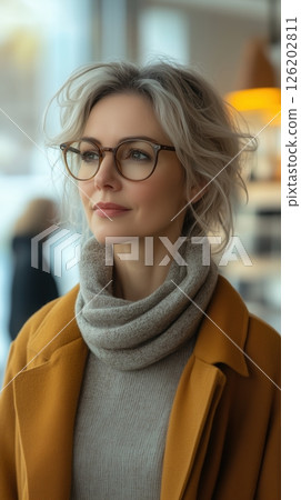 Stylish 50-year-old woman architect gazing thoughtfully in modern interior filled with architectural blueprints and building models 126202811