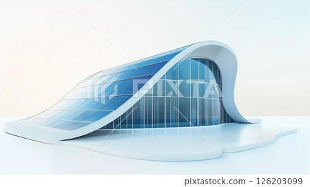 Unique modern architecture featuring curved lines and solar panels in a minimalist setting 126203099