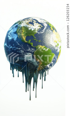 Earth melting from heat with continents dripping against a clean bright background 126203154