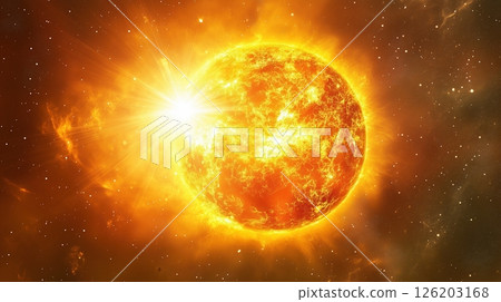Bright solar cell harnessing energy from the glowing sun in a bright blue sky 126203168