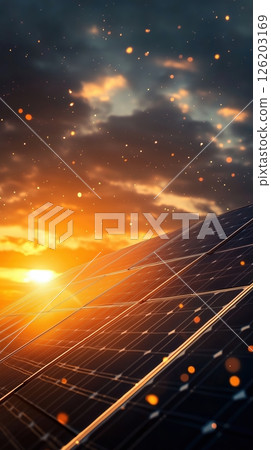 Solar panels absorbing sunlight during sunset with soft tones and warm colors in the sky 126203169