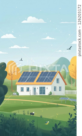 Explore solar renewable energy in a modern sustainable home surrounded by nature 126203172