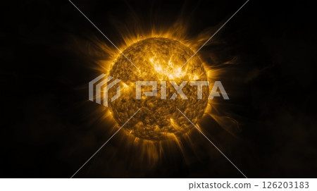 Sun glare effect on a dark background highlighting radiant solar features and textures 126203183