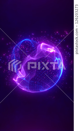 Futuristic 3D sphere made of neon particles glowing in vibrant pink and blue against a dark tech background Futuristic 3D sphere made of neon particles glowing in vibrant pink and blue against a dark tech background 126203273