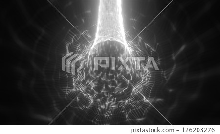 Abstract glowing tunnel structure with dynamic grid lines and bright light at the core, evoking energy flow and digital depth 126203276