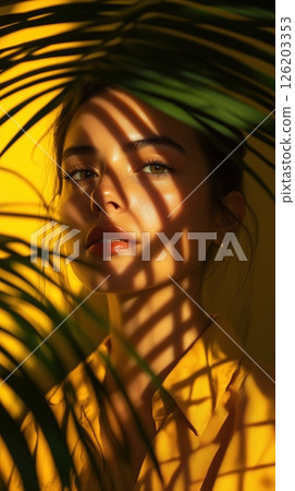 European woman surrounded by vibrant jungle colors, her face captured in dramatic shadows from palm fronds, revealing the beauty of nature 126203353