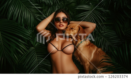 Woman in a vibrant jungle wearing a swimsuit enjoys time with her golden retriever in a lush tropical setting during daylight Woman in a vibrant jungle wearing a swimsuit enjoys time with her golden retriever in a lush tropical setting during daylight 126203374