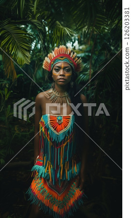 Woman dressed for adventure stands confidently in a lush jungle surrounded by vibrant greenery and dense foliage during daylight hours 126203381