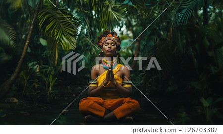 Woman practicing mindfulness in a lush jungle while adorned in vibrant adventure attire 126203382