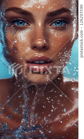 Close-up portrait of an athletic woman with glowing skin experiencing the refreshing sensation of water splashing on her radiant face 126203590