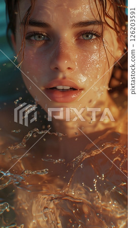 Close-up portrait of an athletic woman with glowing skin enjoying refreshing water splashes on her face, emphasizing her radiant complexion and beautiful eyes 126203591