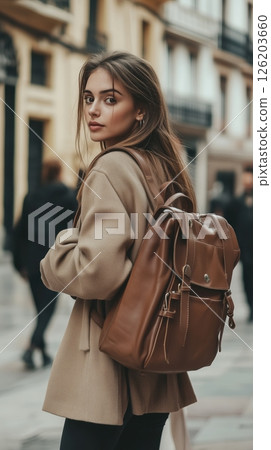 Influencer enjoying the vibrant streets with a brown leather backpack while showcasing a stylish urban look 126203660