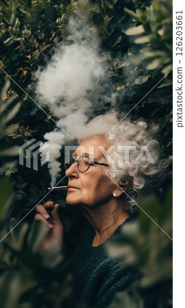 Woman with curly gray hair smoking in a lush green setting surrounded by leaves on a tranquil afternoon 126203661