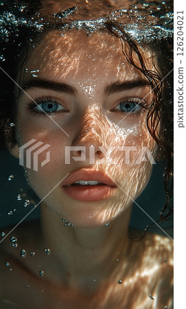 Close up of a woman underwater with floating hair showcasing serene beauty and captivating expressions in a cinematic atmosphere 126204021
