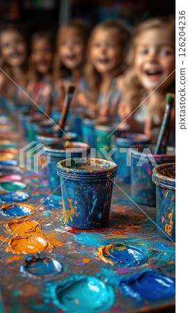 Vibrant paint palette filled with colors as children create art and laughter fills the air 126204236