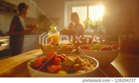Family enjoys a healthy breakfast together with oatmeal bowls in a bright kitchen 126204237