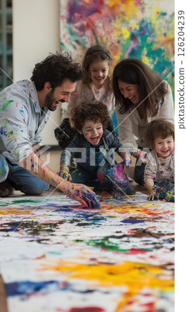 Family enjoys creating colorful art on large canvas while sharing joyful moments together 126204239