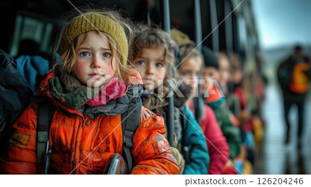 Refugees boarding a bus while carrying luggage and children for a hopeful future 126204246