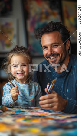 Little girl proudly shows her painting to her father during a creative art session at home 126204247