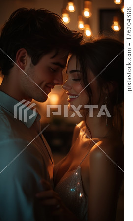 Couple shares a tender moment dancing together in their cozy living room under warm lights at night 126204388