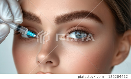 Close-up view of a woman receiving a hyaluronic acid injection at a beauty salon for cosmetic enhancement and rejuvenation 126204412