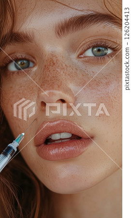 Woman receiving hyaluronic acid injection in beauty salon for enhanced lip volume and youthful appearance 126204413