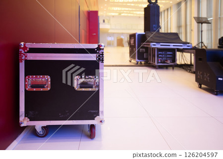 Concert boxes for equipment are in the hall. Preparation for the concert. 126204597