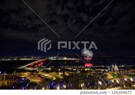 Colorful Fireworks Over Strelka: Kanavinsky Bridge and Alexander Nevsky Cathedral. 9 May Colorful Fireworks Over Strelka: Kanavinsky Bridge and Alexander Nevsky Cathedral. 9 May 126204677