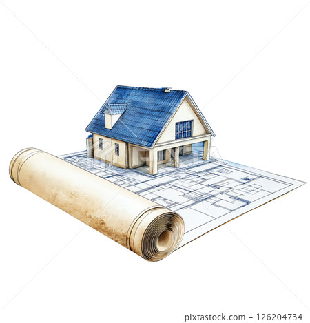 Miniature house model sits on top of architectural blueprints, with rolled up blueprint in foreground. scene represents home design, construction planning, and architectural drafting 126204734