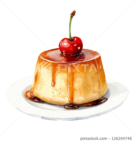 Delicious caramel flan dessert topped with bright red cherry, drizzled with rich caramel sauce, served on white plate, evoking sweet indulgence and dessert craving 126204748