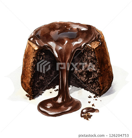 Rich, moist chocolate cake with glossy chocolate sauce pouring over it, creating decadent dessert scene. cake appears soft and indulgent, perfect for satisfying sweet cravings 126204753
