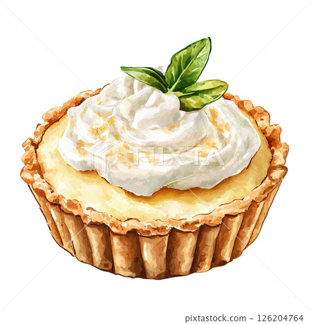 Delicious tart with golden crust, topped with creamy whipped cream and fresh green basil leaves, creating appealing and flavorful dessert presentation 126204764
