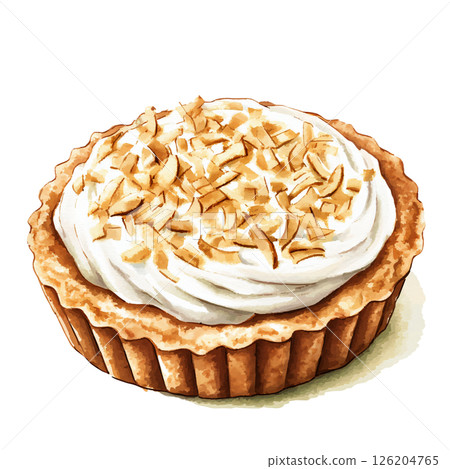 Delicious tart with crispy crust, topped with smooth whipped cream and sprinkled with toasted coconut flakes, looks inviting and perfect for dessert or special treat 126204765