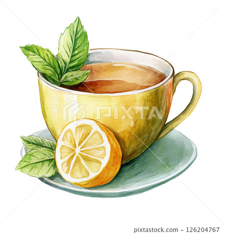 Watercolor illustration of cup of tea with fresh mint leaves, lemon half, and saucer, evoking refreshing and calming beverage experience 126204767