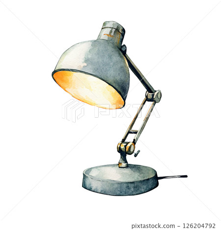 Watercolor illustration of modern adjustable desk lamp with metallic finish, emitting warm light, on round base, ideal for study or workspaces, with sleek and functional design 126204792