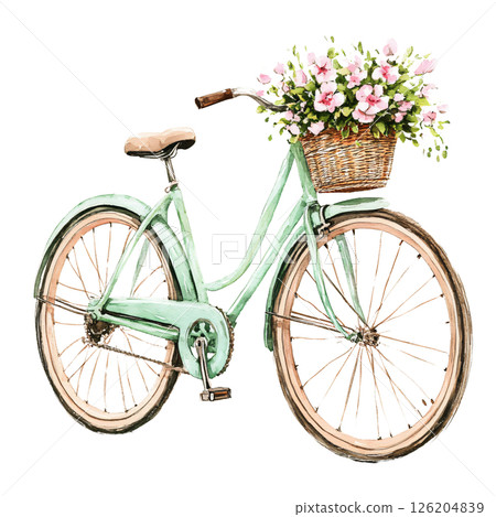 Vintage bicycle with basket of pink flowers on front, painted in pastel green, evokes charming and nostalgic feeling, perfect for spring or summer decor 126204839