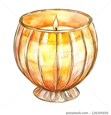Watercolor illustration of lit candle in decorative glass holder, emitting warm glow with orange and yellow hues, creating cozy and peaceful atmosphere 126204856