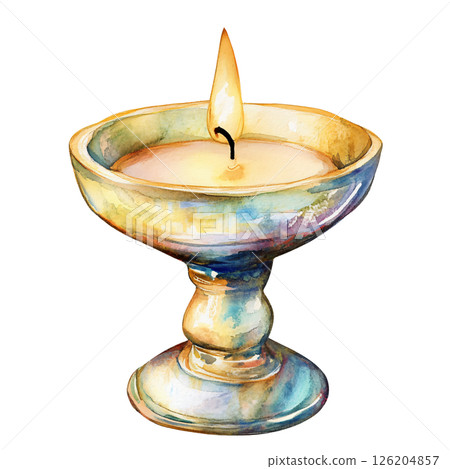 Watercolor painting of lit candle in decorative holder, creating warm and peaceful atmosphere with soft, blended colors and gentle shading 126204857