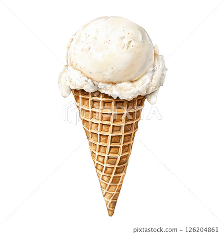Single scoop of vanilla ice cream on waffle cone, with creamy texture and light color, looks delicious and refreshing, perfect for hot day or sweet treat Single scoop of vanilla ice cream on waffle cone, with creamy texture and light color, looks delicious and refreshing, perfect for hot day or sweet treat 126204861