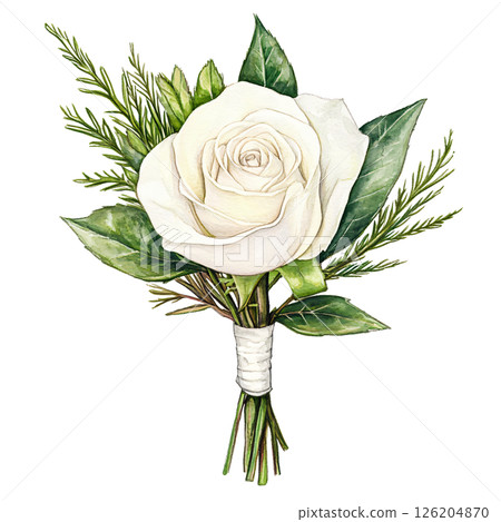 Delicate white rose boutonniere with lush green leaves and sprigs of greenery, perfect for formal occasions or weddings, exuding elegance and freshness 126204870