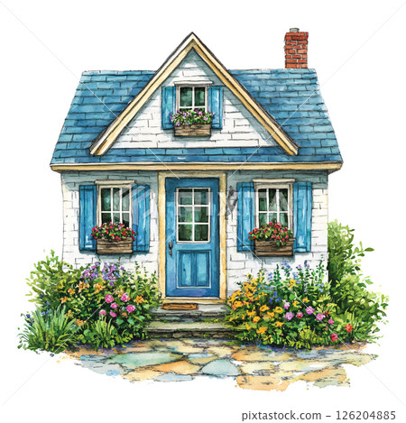 Charming cottage with blue shutters and flower boxes, surrounded by colorful garden flowers and lush greenery, creating cozy and inviting atmosphere 126204885