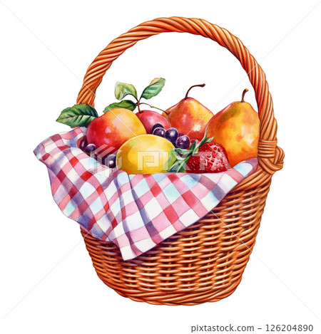 Fresh assorted fruits in wicker basket with checkered cloth, vibrant and colorful, evoking sense of freshness and natural beauty, perfect for healthy eating or picnic scenes 126204890