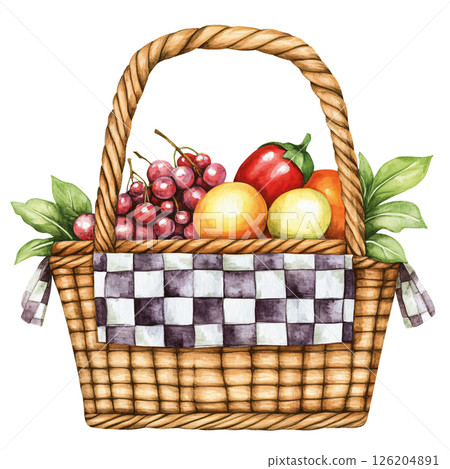 Watercolor illustration of woven basket filled with fresh fruits, including grapes, apples, and pepper, with green leaves and checkered cloth lining basket. scene evokes sense of freshness 126204891