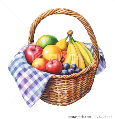 Colorful basket filled with fresh fruits including apples, bananas, grapes, and melon, resting on checkered cloth, evoking sense of health and natural beauty 126204892