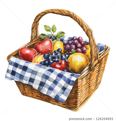 Watercolor painting of wicker basket filled with fresh apples, grapes, and lemons, lined with blue and white checkered cloth, evoking rustic and vibrant feel 126204893