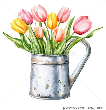 Watercolor painting of metal pitcher filled with colorful tulips, featuring pink, yellow, and orange flowers with green leaves, creating fresh and vibrant floral arrangement 126204895