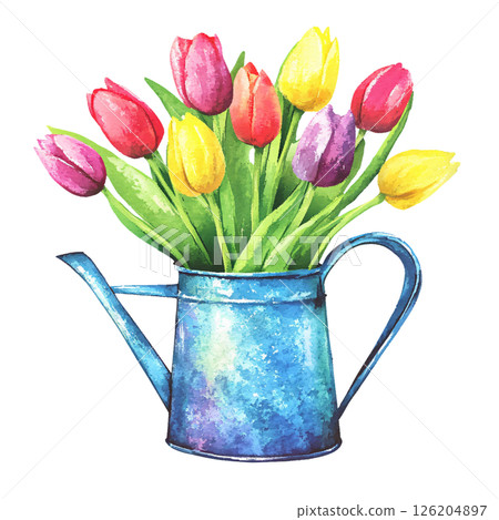 Colorful tulips in rustic blue watering can create cheerful and vibrant spring scene, evoking feelings of freshness, renewal, and happiness Colorful tulips in rustic blue watering can create cheerful and vibrant spring scene, evoking feelings of freshness, renewal, and happiness 126204897