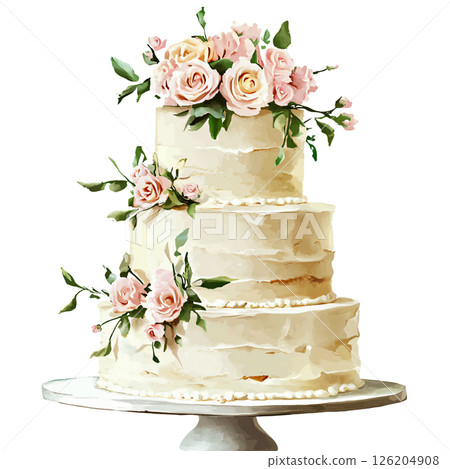 Three tier wedding cake decorated with pink roses and green leaves, elegant and romantic, perfect for celebrations, with smooth cream frosting and floral accents, on white cake stand 126204908