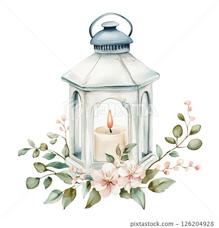 Watercolor lantern with candle and floral decoration, soft pastel colors, romantic and cozy atmosphere, suitable for home decor or wedding themes Watercolor lantern with candle and floral decoration, soft pastel colors, romantic and cozy atmosphere, suitable for home decor or wedding themes 126204928